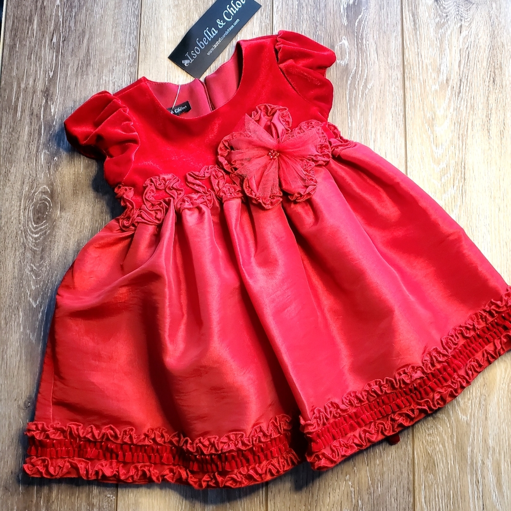 NEW Baby's Isobella and Chloe red short sleeve formal dress, Size 9 months